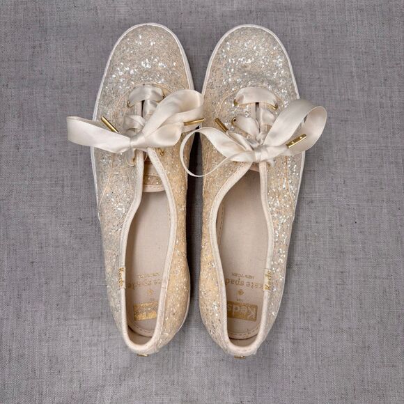 Kate Spade Keds‎ Triple KS Glitter Sneakers Cream Canvas Lace Up Platform 8.5 - Picture 7 of 11